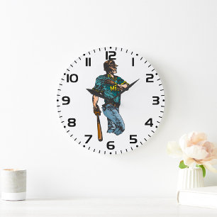 Grande Horloge Ronde Joueur vintage de baseball Retro Sports Artwork