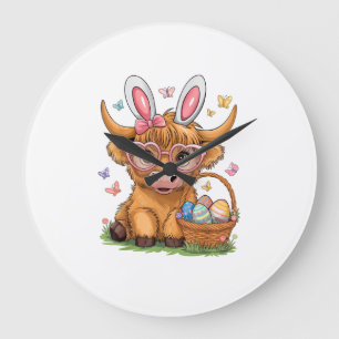 Grande Horloge Ronde Jour de Pâques Vache des Highlands Lapin de Pâques
