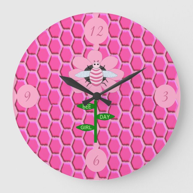 Grande Horloge Ronde Joyeuse Bee Day Girl rose Anniversaire Bumblebee (Recto)