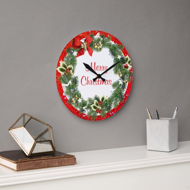 Grande Horloge Ronde Joyeuse couronne de Noël avec Parties scintillant  (Bureau)