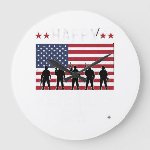 Grande Horloge Ronde Joyeuse Fête des Vétérans Drapeau Silhouette Vecto