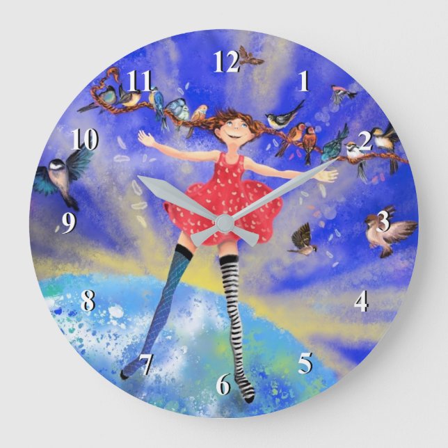 Grande Horloge Ronde Joyeuse fille aux oiseaux - Happines - Round (Recto)