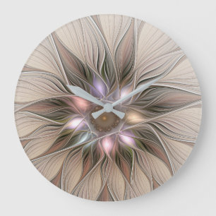 Grande Horloge Ronde Joyeuse Fleur Abstrait Beige Brown Floral Fractal