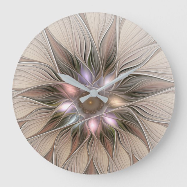 Grande Horloge Ronde Joyeuse Fleur Abstrait Beige Brown Floral Fractal (Recto)