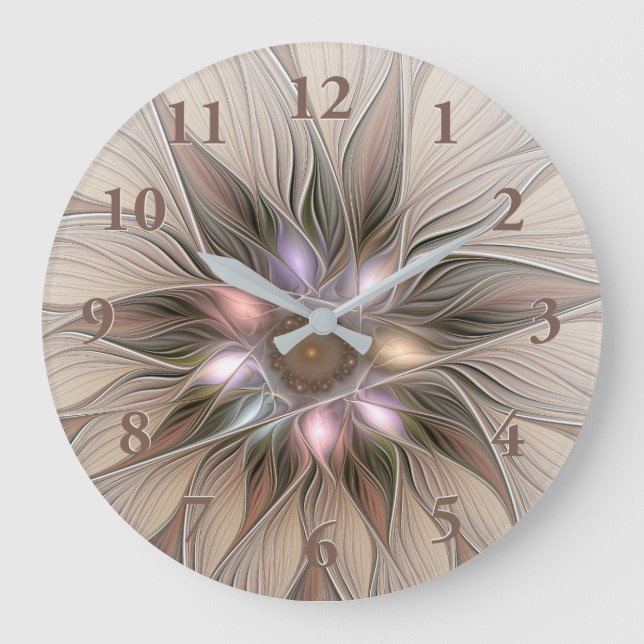 Grande Horloge Ronde Joyeuse Fleur Abstrait Beige Brown Floral Fractal (Recto)