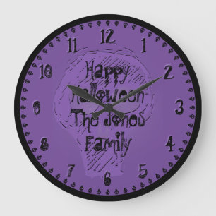 Grande Horloge Ronde Joyeuse Halloween Éffrayant Lettres Noir/Violet