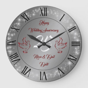 Grande Horloge Ronde Joyeuse Personnalisation Pailletée Argent 25e Anni