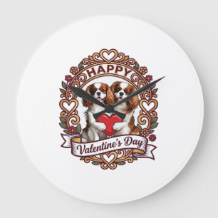 Grande Horloge Ronde Joyeuse Saint-Valentin Chien Cadre Floral Cœur Rou