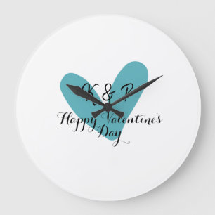 Grande Horloge Ronde Joyeuse Saint-Valentin turquoise cœur nom lettre