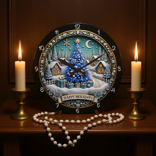 Grande Horloge Ronde Joyeuses vacances Blue Christmas Tree Village