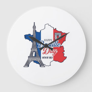 Grande Horloge Ronde Joyeux 14 juillet France Carte Tour Eiffel Vector_
