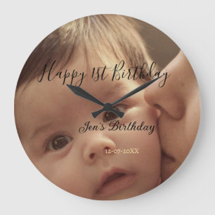 Grande Horloge Ronde Joyeux 1er anniversaire nom photo date stylé calli