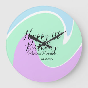 Grande Horloge Ronde Joyeux 1er anniversaire rose vert bleu acrylique v
