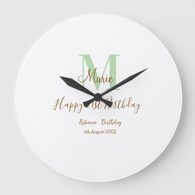Grande Horloge Ronde Joyeux 21e Anniversaire vert ajouter nom monogramm (Recto)