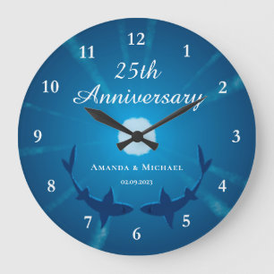 Grande Horloge Ronde Joyeux 25e anniversaire Mariage Couple Sharks Moon