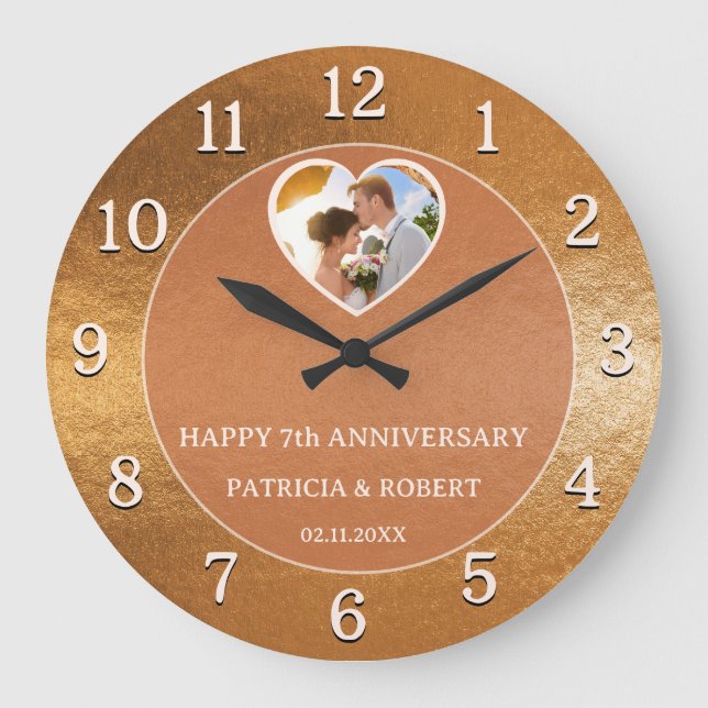 Grande Horloge Ronde Joyeux 7e anniversaire Mariage Coeur Photo Copper (Recto)