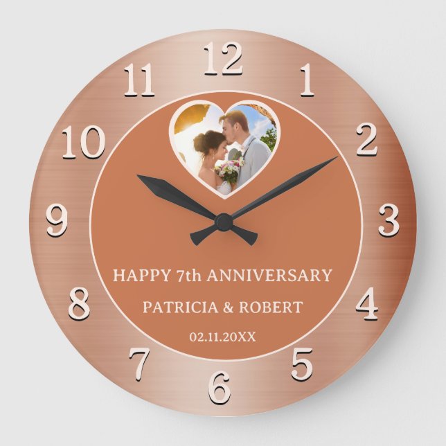 Grande Horloge Ronde Joyeux 7ème Anniversaire de Mariage en Cuivre Coeu (Recto)