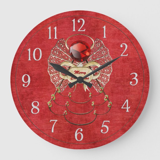 Grande Horloge Ronde Joyeux Ange de Noël - Rouge (Recto)