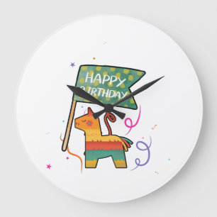 Grande Horloge Ronde Joyeux Anniversaire Dessiné à la Main