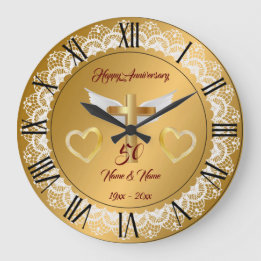 Grande Horloge Ronde Joyeux Anniversaire Personnalisé Broderie Or