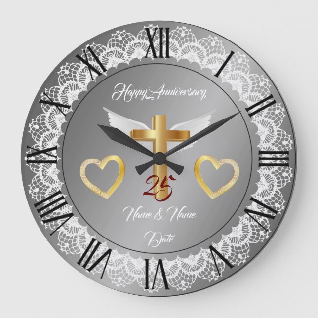 Grande Horloge Ronde Joyeux Anniversaire Personnalisé Ruban Argent (Recto)