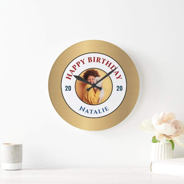 Grande Horloge Ronde Joyeux anniversaire Photo Gold Elegant Personnalis (Maison)