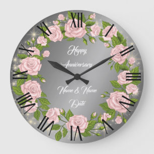 Grande Horloge Ronde Joyeux Anniversaire Rose Argent Personnalisé