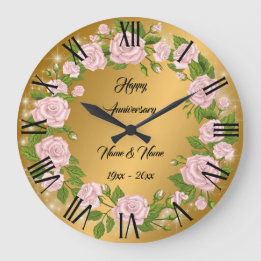 Grande Horloge Ronde Joyeux Anniversaire Rose Dorée Personnalisée