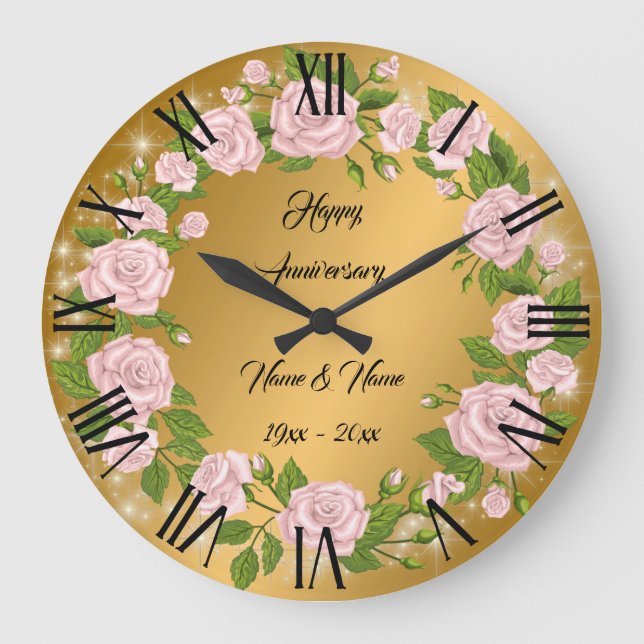 Grande Horloge Ronde Joyeux Anniversaire Rose Or Personnalisé (Recto)