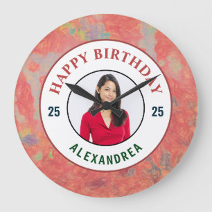 Grande Horloge Ronde Joyeux Anniversaire rose photo Personnaliser