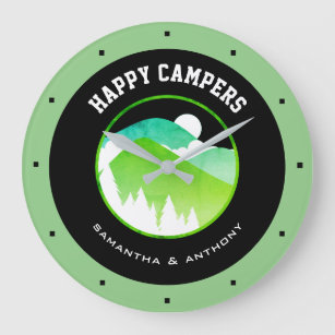 Grande Horloge Ronde Joyeux Campers Couples Noms Green Black Camping