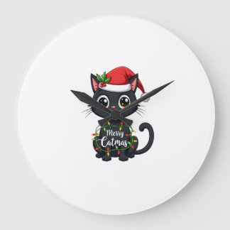 Grande Horloge Ronde Joyeux Catmas Chat Noir Lumière de Noël Xmas Famil