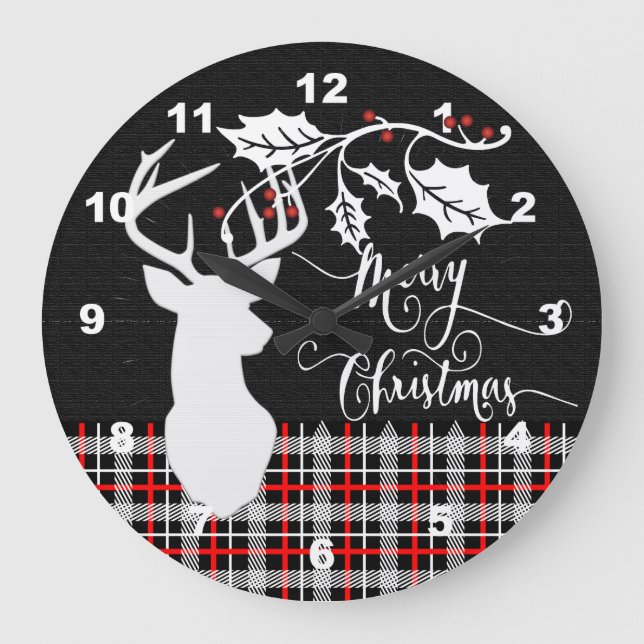 Grande Horloge Ronde Joyeux Cerf de Noël - Rouge Plaid (Recto)