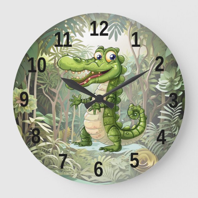 Grande Horloge Ronde Joyeux Crocodile sauvage arbres de la jungle belle (Recto)