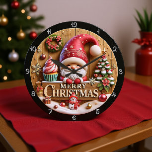 Grande Horloge Ronde Joyeux Gnome de Noël avec Cupcake