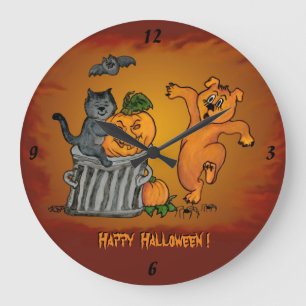 Grande Horloge Ronde Joyeux Halloween avec Chat Chat Chien et Araignée