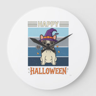 Grande Horloge Ronde Joyeux Halloween Bouledogue Français Sorcière Toil