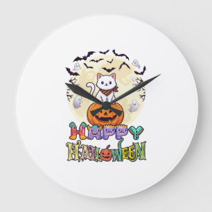 Grande Horloge Ronde Joyeux Halloween Chat Blanc Citrouille Lune Chauve