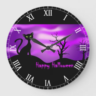 Grande Horloge Ronde Joyeux Halloween Chat noir violet