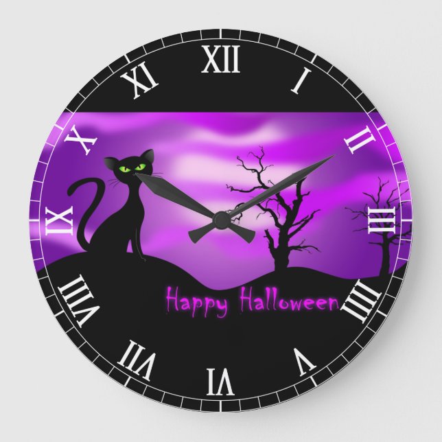 Grande Horloge Ronde Joyeux Halloween Chat noir violet (Recto)
