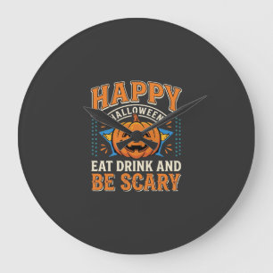 Grande Horloge Ronde Joyeux Halloween Citrouille Manger Boire Être Effr