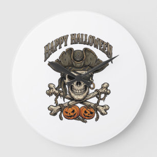 Grande Horloge Ronde Joyeux Halloween Crâne de Pirate Os Croisés Citrou