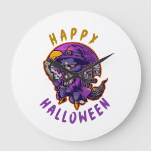 Grande Horloge Ronde Joyeux Halloween Sorcière de Halloween Chat