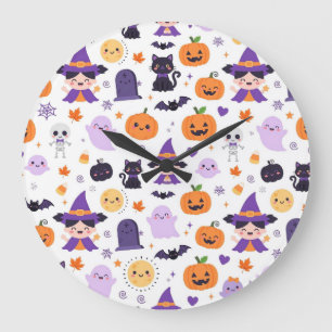 Grande Horloge Ronde Joyeux Halloween Sorcières Fantômes Chats Chauves-