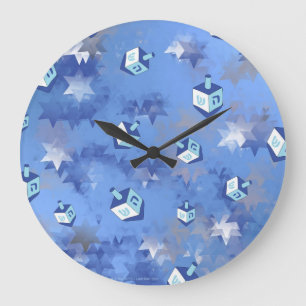 Grande Horloge Ronde Joyeux Hanukkah Étoiles Filantes et Dreidels