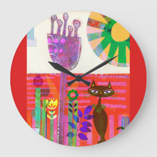 Grande Horloge Ronde Joyeux jardin de fleurs de chats Sunshine