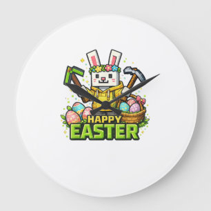 Grande Horloge Ronde Joyeux Lapin de Pâques Œuf Gamer Jeu Vidéo Enfants