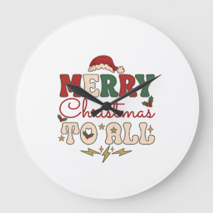 Grande Horloge Ronde Joyeux Noël à tous Chapeau de Père Noël Étoiles de