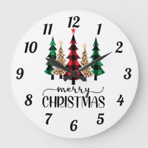 Grande Horloge Ronde Joyeux Noël Arbres à carreaux rouges verts et noir
