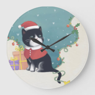 Grande Horloge Ronde Joyeux Noël : Art d'illustration de chat